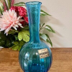 Vintage Czechoslovakian Hand Made Crystal Vase SPM 1893 Blue Ribbed Glass with O